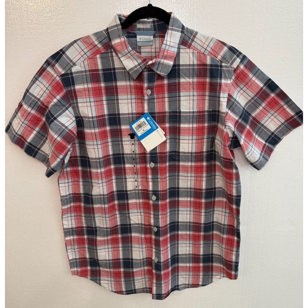 NWT Men's Columbia Size Medium Plaid Thompson Hill Yarn Dye 100% Cotton Shirt
